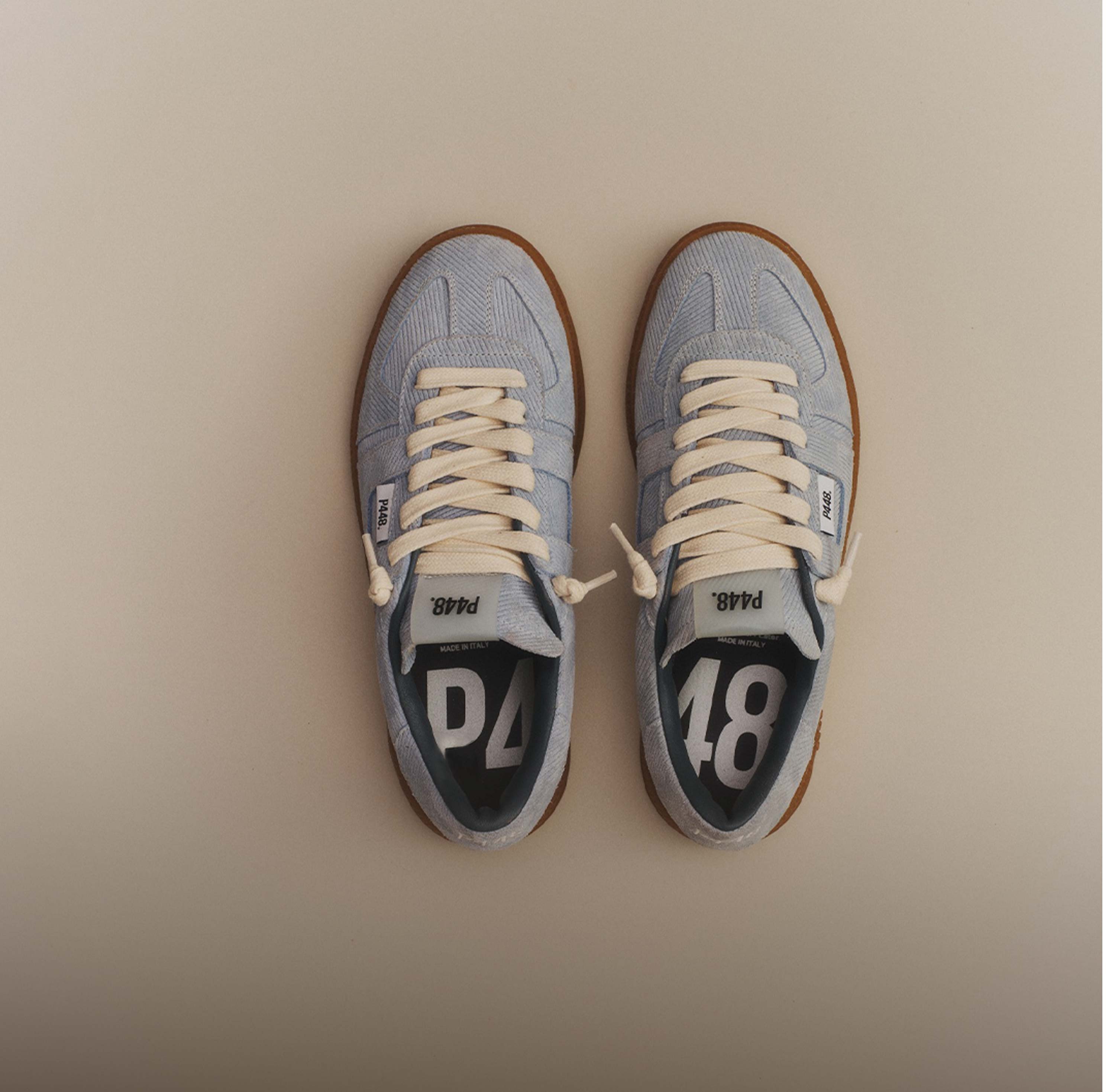 P448 pale blue denim Sneakers overhead on beige, women's lace-up summer Shoes